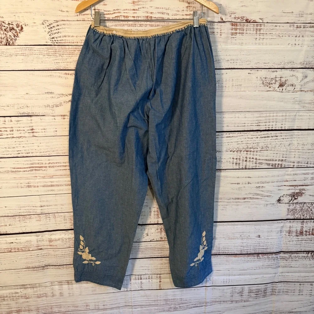 Womens Boho 2 Piece Set Blue Crochet Fringe Embroidered Pants Top Western L XL